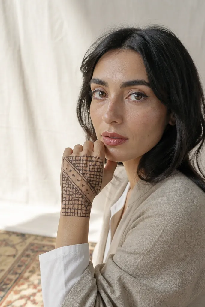 Back hand mehndi with a square grid and diagonal filled bands across the hand.