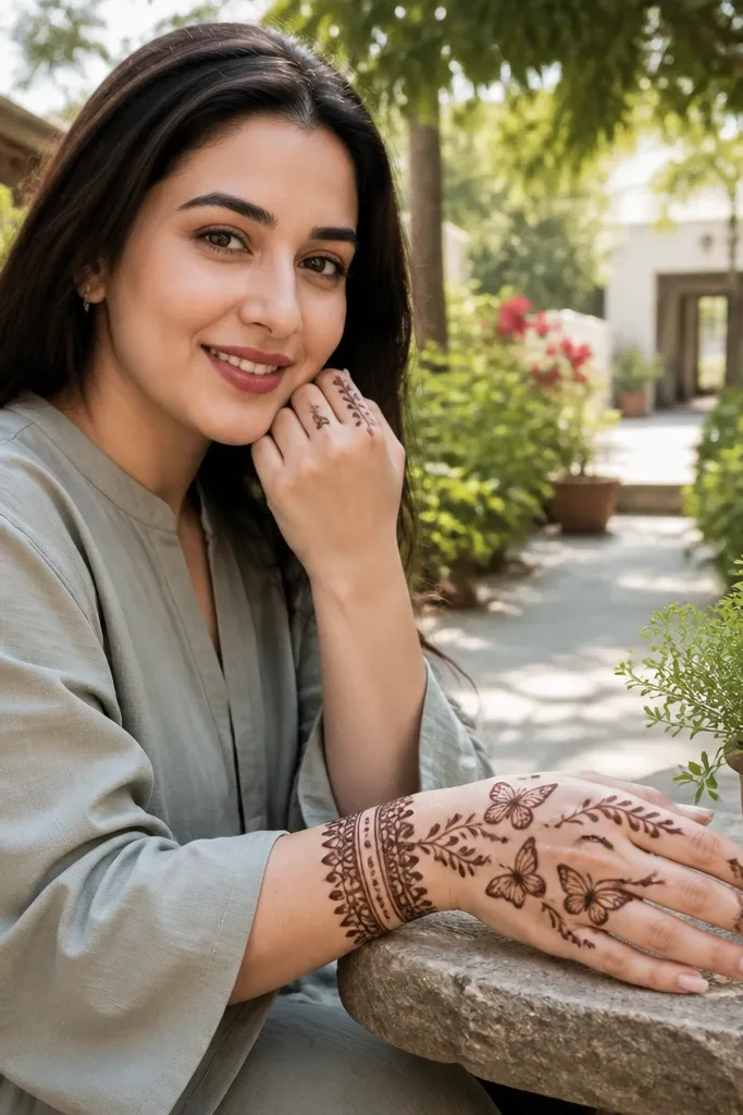 Back hand mehndi with a wrist cuff, butterfly motifs, and vein lines toward finger bases.