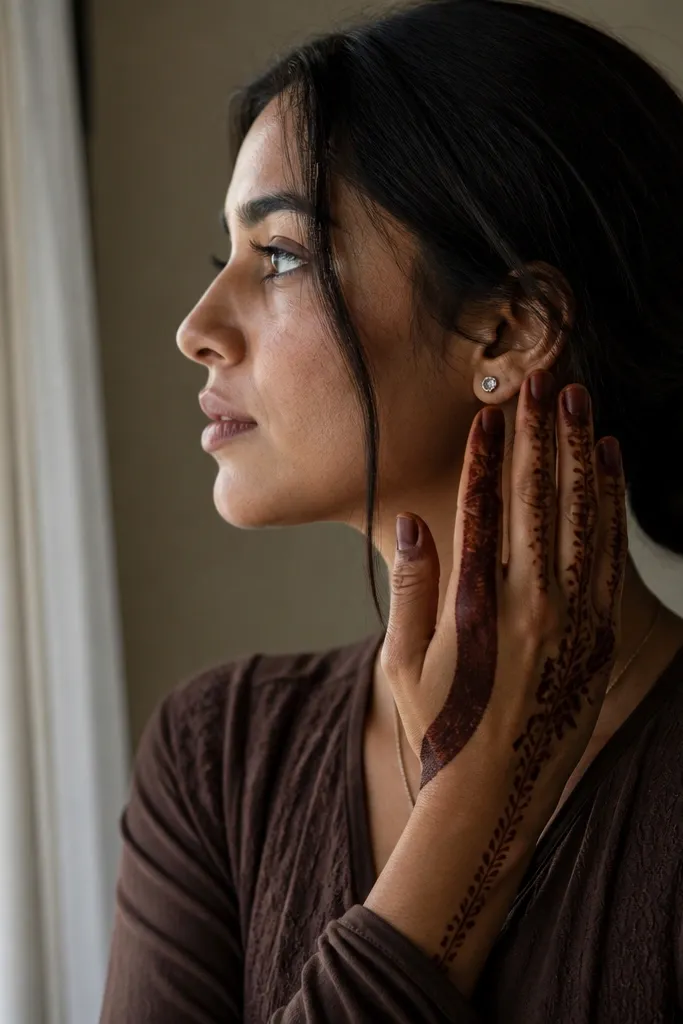 Back hand mehndi with a crescent motif on the thumb side and heavy outer edge coverage.
