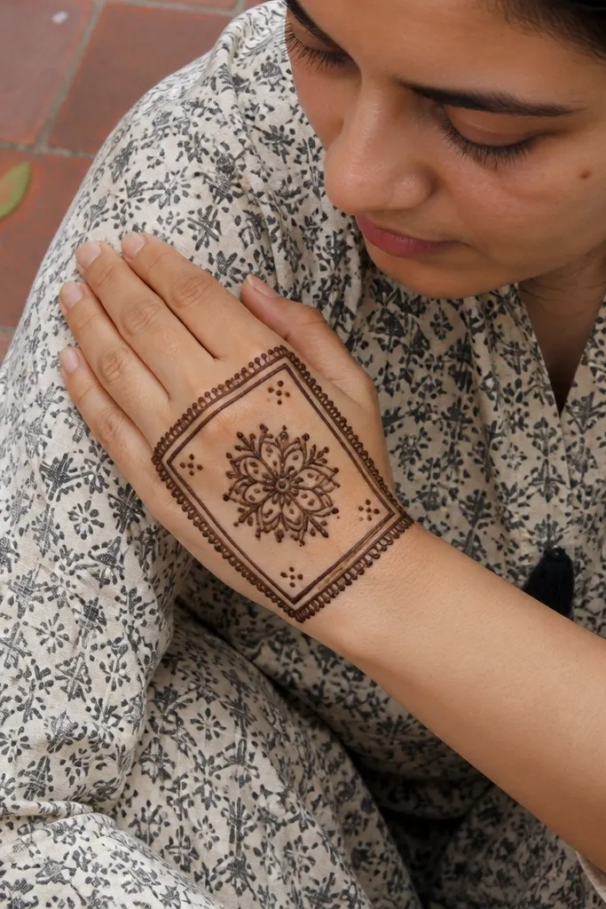 Back hand mehndi with two layered borders and a center medallion surrounded by dots.