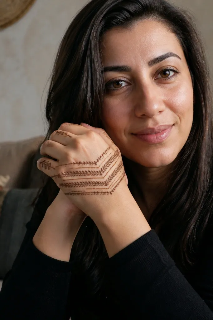 Back hand mehndi with chevron ladder bands and corner motifs near the finger bridge.