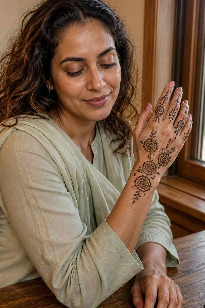 Back hand mehndi with rosebud clusters and vine trails connecting them.