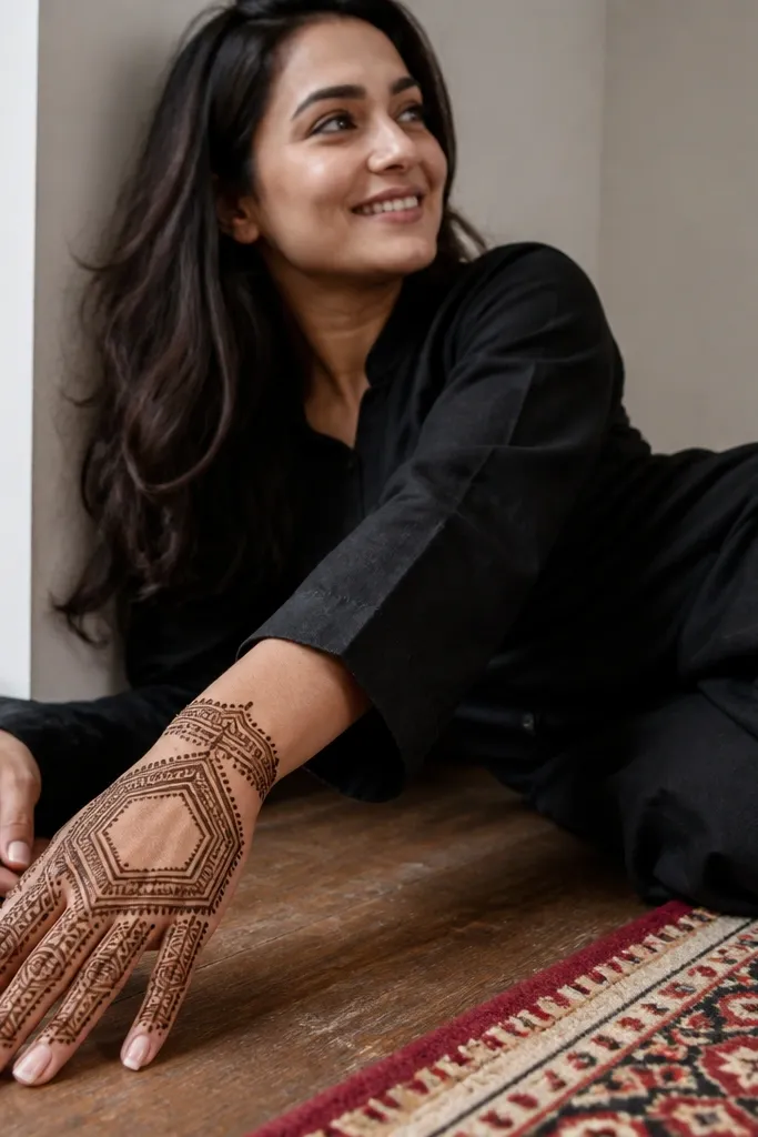 Back hand mehndi with a hex geometric pattern and framed corners near the wrist and fingers.