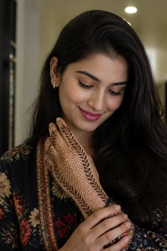 Back hand mehndi with an outer vine edge and a dot-filled inner curtain pattern.