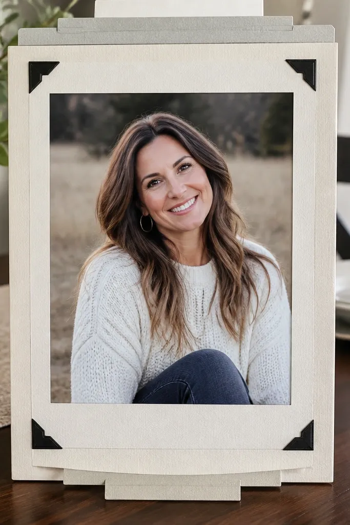 A polaroid-style white mat with a layered tab top and bottom around a