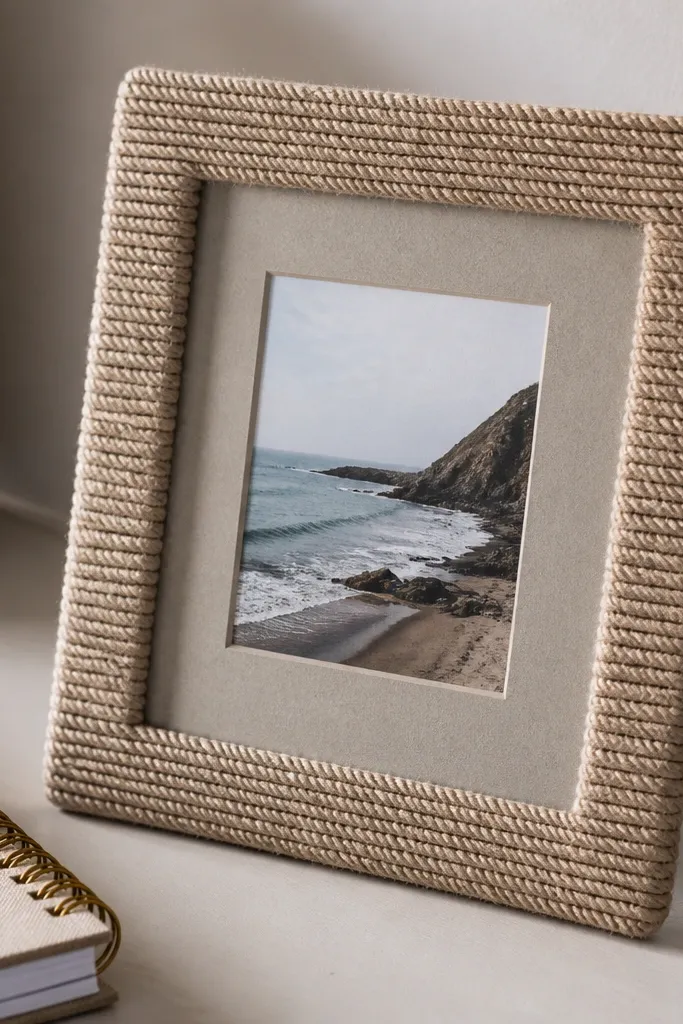 Twine rope wrapped in a thin rectangle border around a on cream cardstock