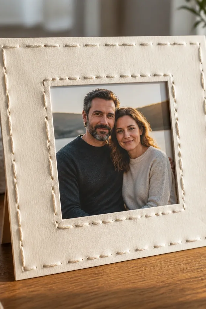 A paper frame with visible stitching lines using white thread around a