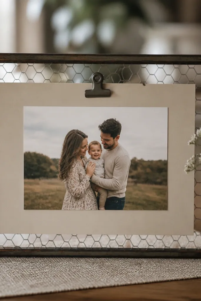 A small chicken wire rectangle frame behind a on neutral cardstock