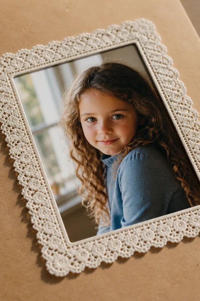 A lace trim border glued to cardstock around a with a matte finish