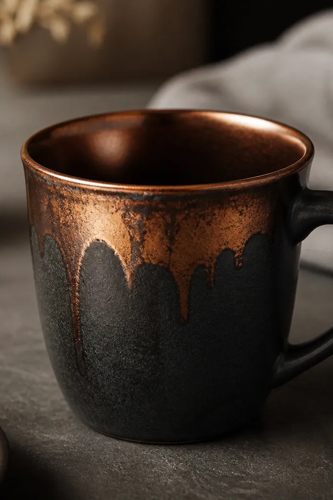 A dark charcoal ceramic mug with a slightly uneven copper-colored glaze that drips down from the rim like melted metal. The handle is matte black, and the interior is a deep brown that catches warm highlights.