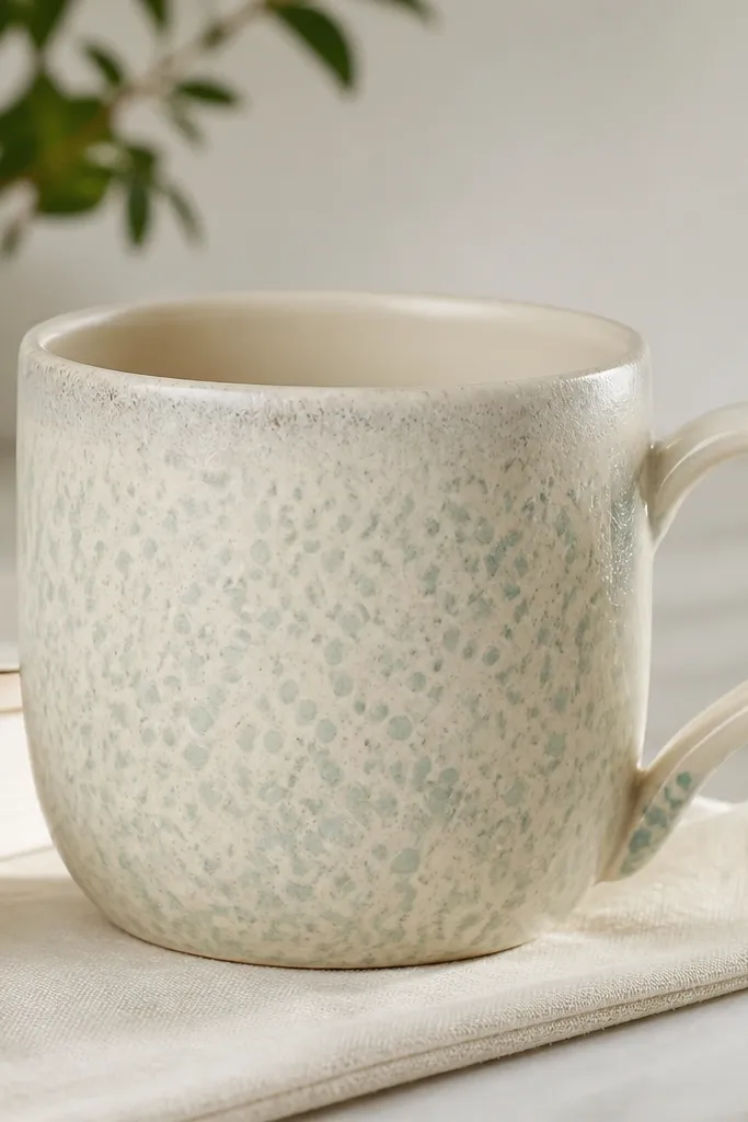 A light cream ceramic mug with a translucent pale aqua speckle pattern across the outside. The rim is slightly frosted-looking, and the handle is the same cream tone with tiny sea-glass flecks near the base.