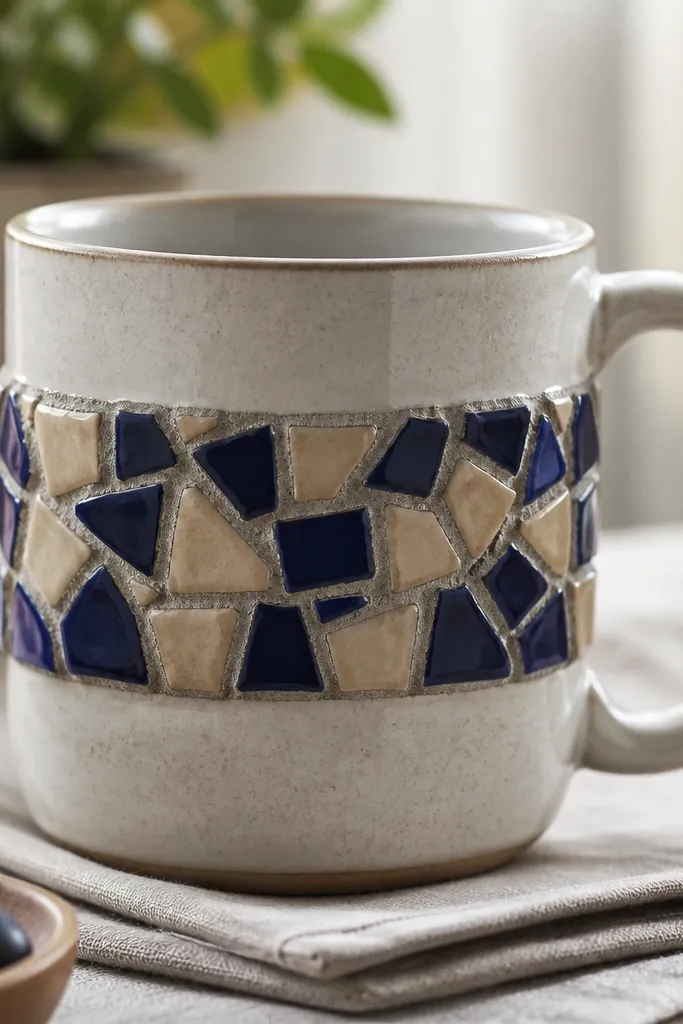 A ceramic mug wrapped with a horizontal mosaic band made of small reclaimed tile pieces. The band alternates navy blue and sandy beige fragments, with visible grout lines and a glossy finish on top.