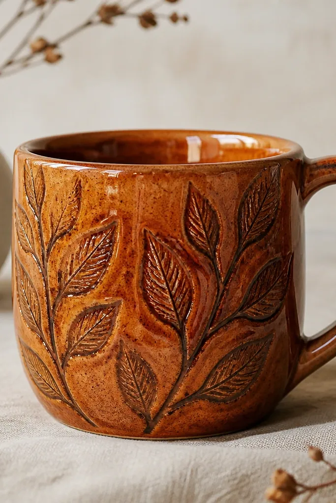 A warm terracotta mug with a raised leaf pattern pressed into the clay before glazing. The leaves are darker in the recesses, and the glaze is semi-gloss with amber highlights.