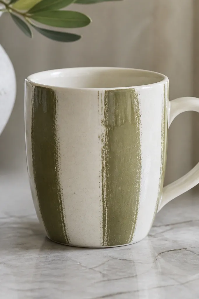 An off-white mug with two vertical olive stripes that look lightly distressed, like worn paint. The handle is off-white, and the rim is clean and smooth with a thin clear gloss.