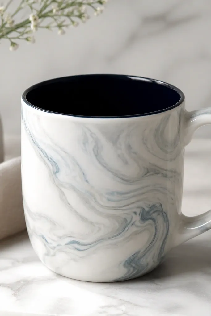 A mug with a deep navy or black interior and a white exterior that has subtle marbling in gray and pale blue. The exterior has soft swirls, while the rim is clean and glossy.