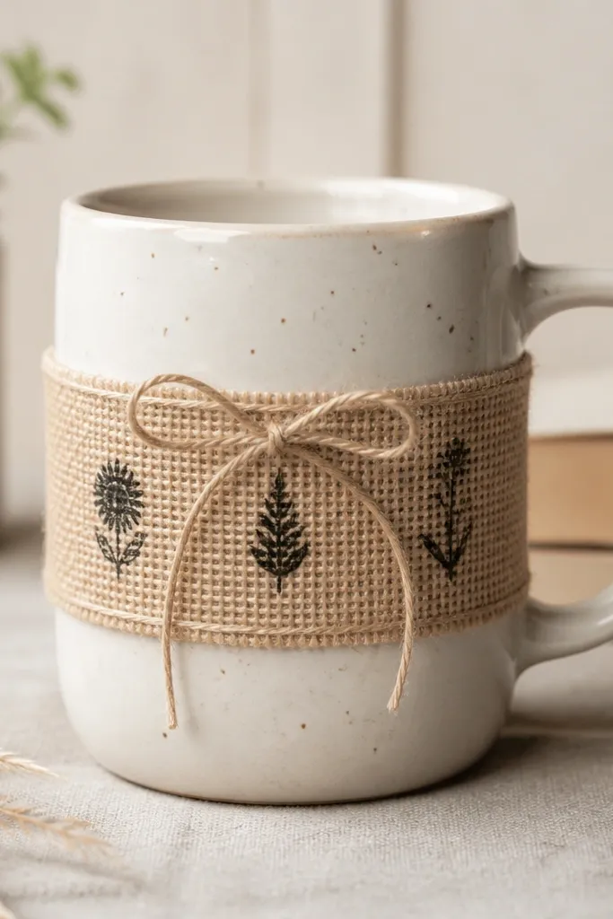 A simple ceramic mug wrapped in a strip of burlap around the middle, tied with twine. Small stamped labels in black ink sit on the burlap, and the handle stays uncovered.