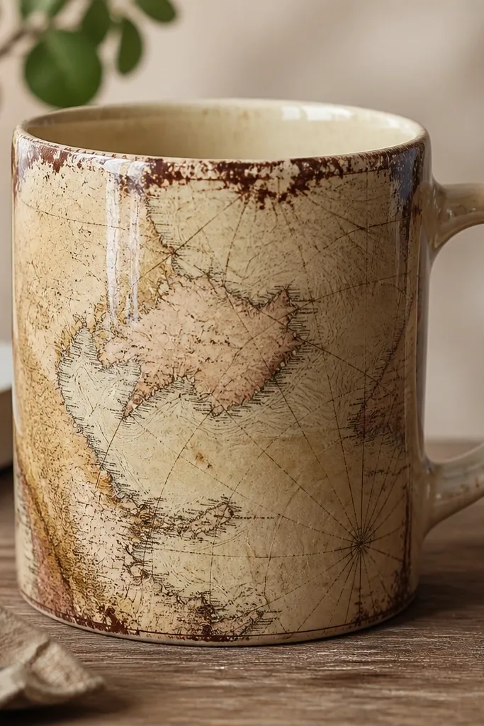 A mug covered with a vintage-style map transfer showing coastline lines and labels in faded brown and tan. The edges of the printed area are distressed, with tiny worn spots and a clear glossy topcoat.