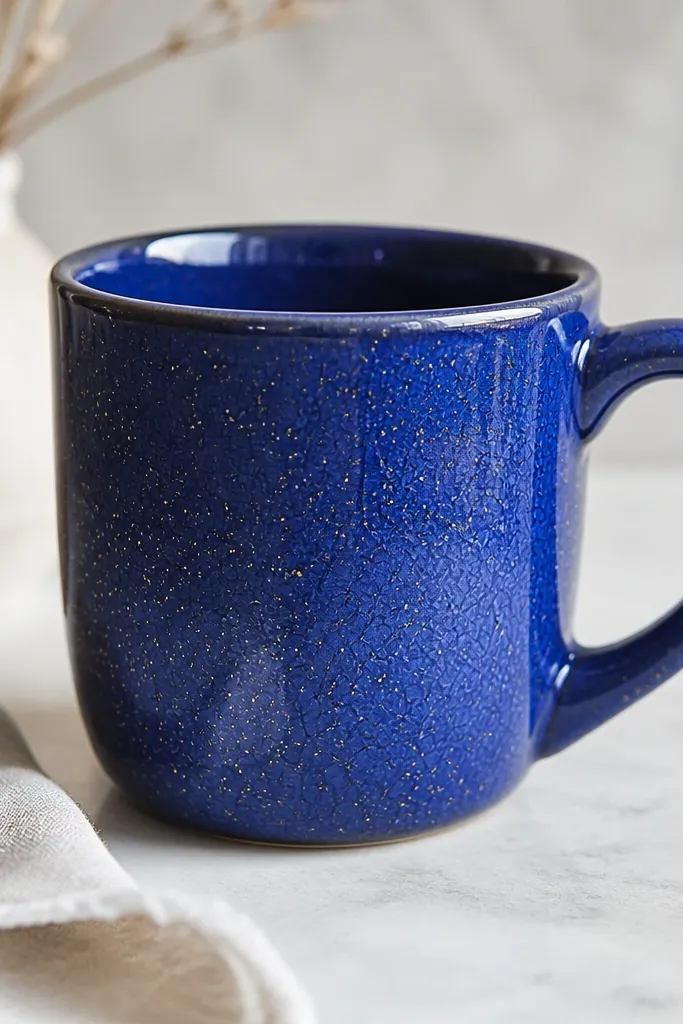 A cobalt blue mug with a crackle glaze pattern all over the outside. Tiny gold speckles look like stars scattered across the surface, and the rim is glossy clear with no speckles on the lip.
