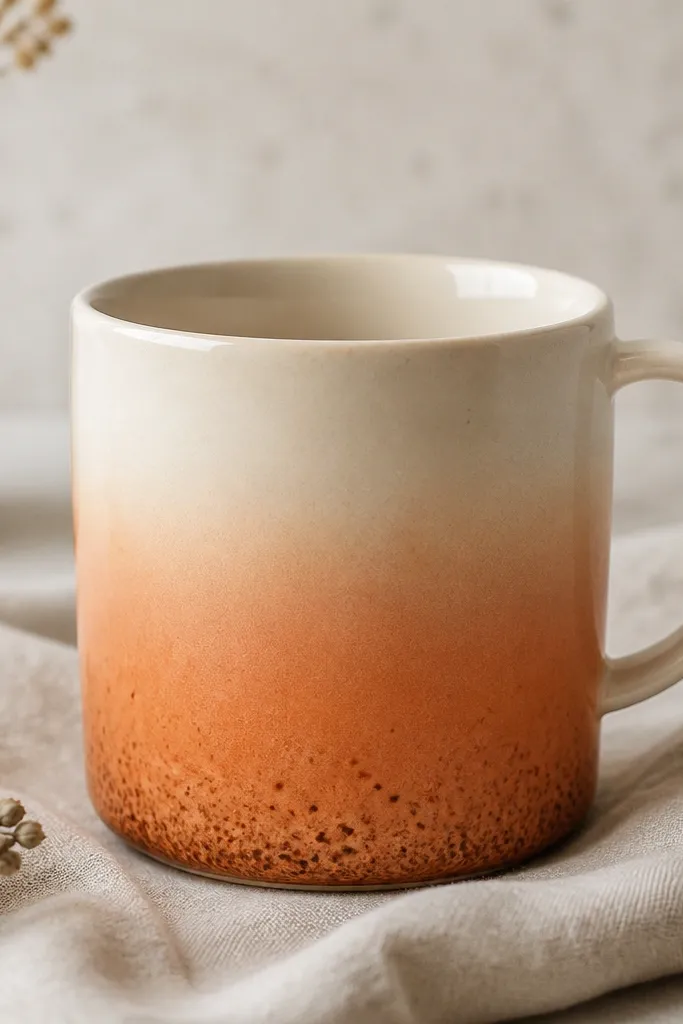 A mug that fades from matte cream at the top to burnt orange toward the bottom, with small darker speckles concentrated near the base. The handle matches the top cream, and the rim is clean and glossy.