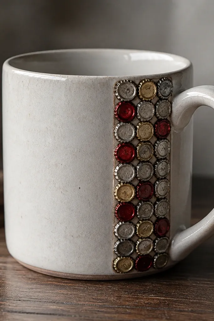 A mug with a plain glaze body and a decorative strip near the handle made from small bottle caps arranged like a mini mosaic. The caps show metallic red, chrome, and worn gold tones, and the rest of the mug stays simple.