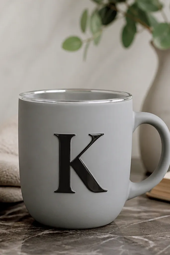 A matte light-gray mug with a glossy black monogram letter on the front. The rim is glossy clear, and the handle stays matte gray with no lettering.