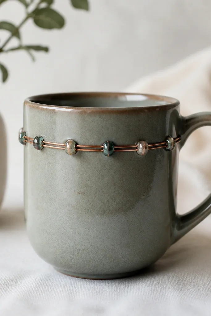 A mug with a simple glazed body and a decorative band near the top made from thin copper wire wrapped around the mug. Small glass beads sit at even intervals, and the rim itself is still smooth.