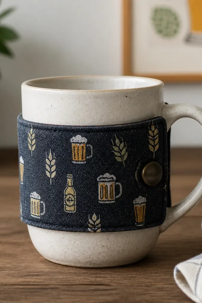 A ceramic mug with a detachable fabric cuff around the middle. The cuff is dark denim with a heat-transfer print of small beer icons in cream and muted gold, and it's tied or snapped in place.