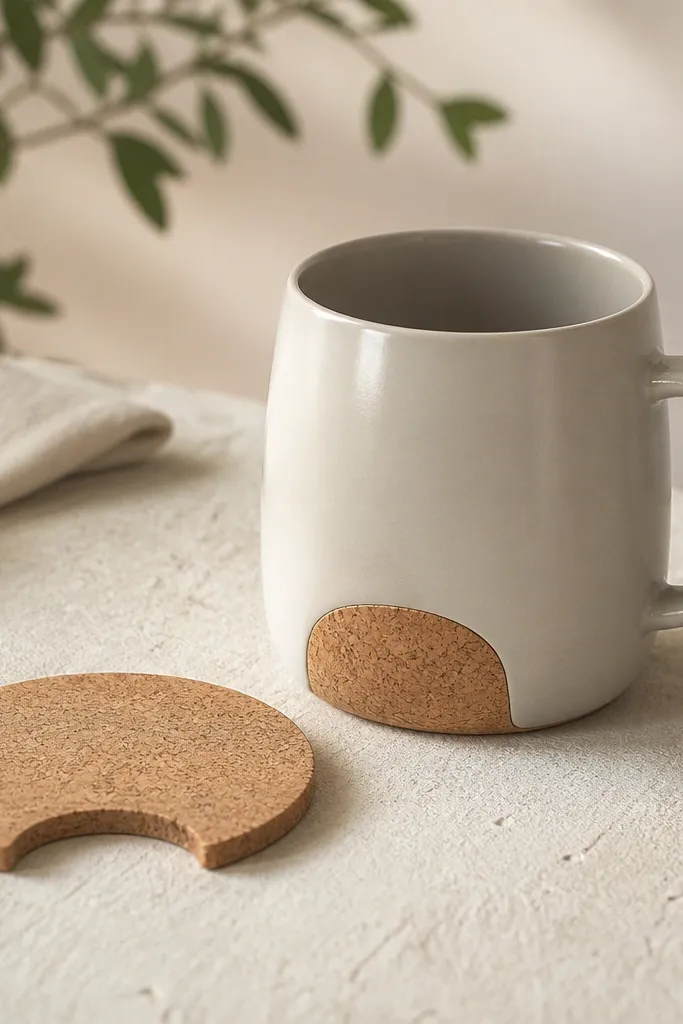 A mug with a plain glaze body and a small cork appliqué on the bottom edge area, plus a matching cork coaster with the same cutout shape. The cork shows natural grain, and the set looks intentional.