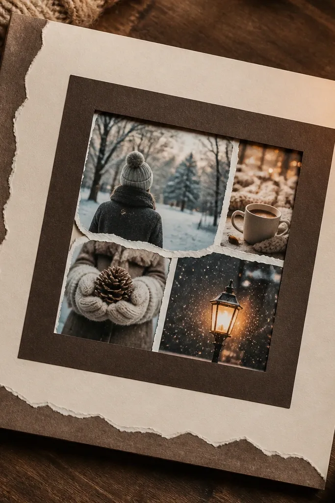 Cream scrapbook page with an espresso-brown window frame and layered torn edges