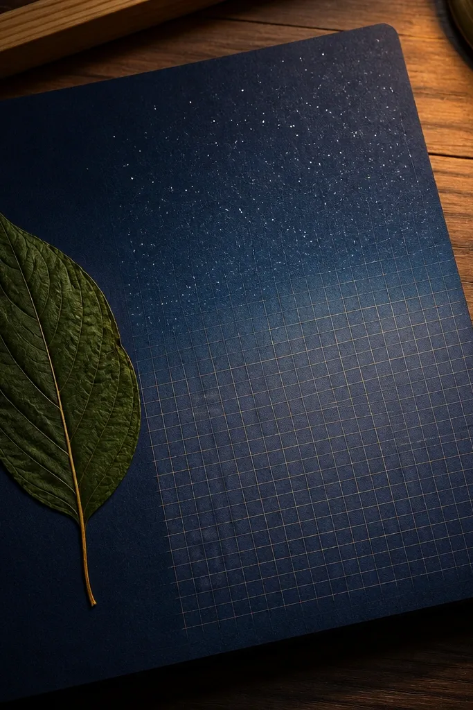 Muted navy page with graph paper stars and a pressed leaf on the corner