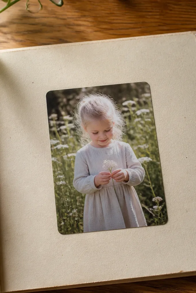 Oatmeal mat with rounded corners and a simple caption strip