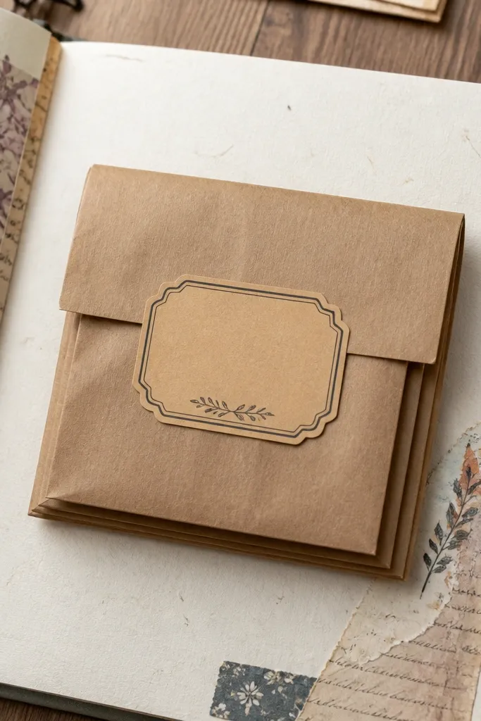 Page with a brown paper bag accordion pocket holding small notes and tags