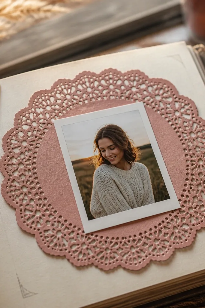Dusty rose page with a paper doily-like frame around a small
