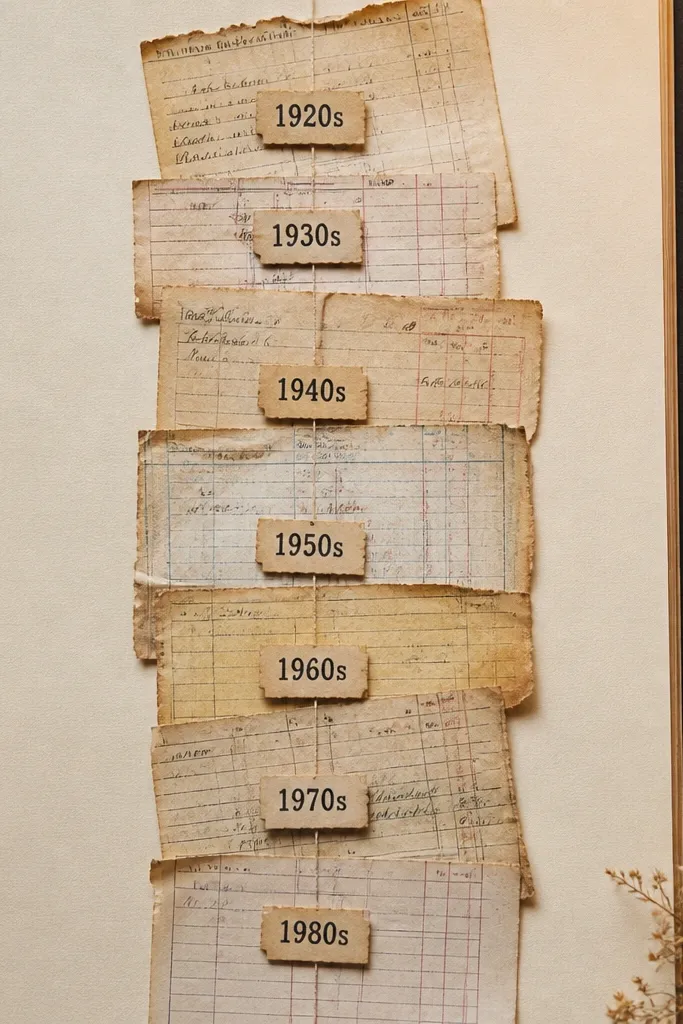 Cream page with a vertical timeline made from receipt strips and handwritten dates
