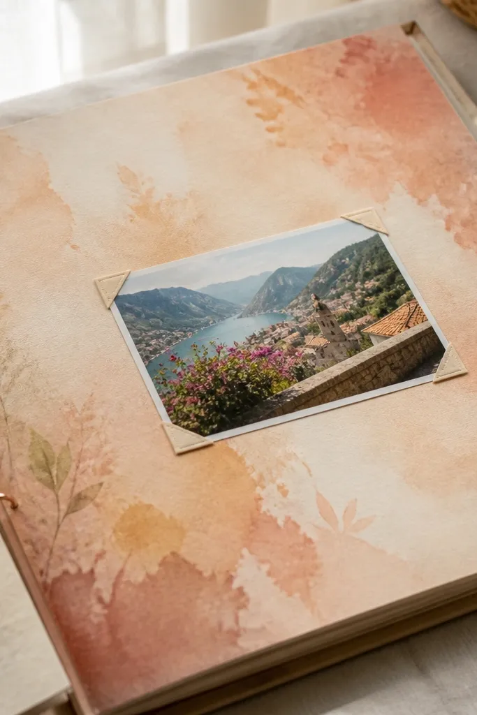 Oatmeal scrapbook page with a soft watercolor wash and scattered torn paper flecks