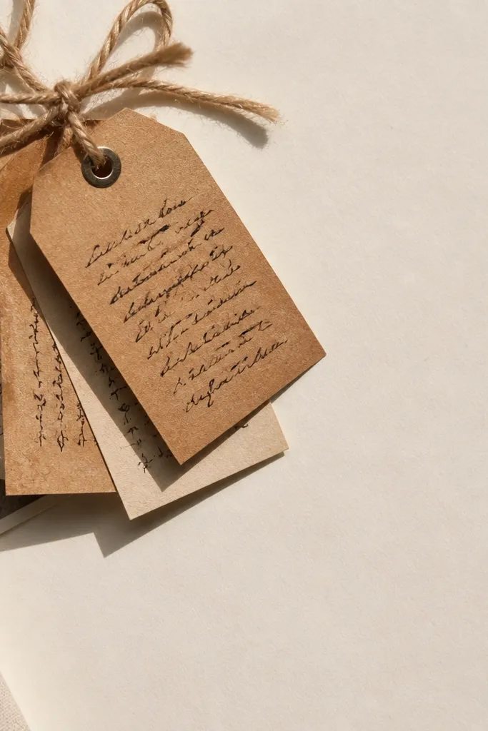 Kraft tags tied with twine in the top corner on a cream scrapbook page