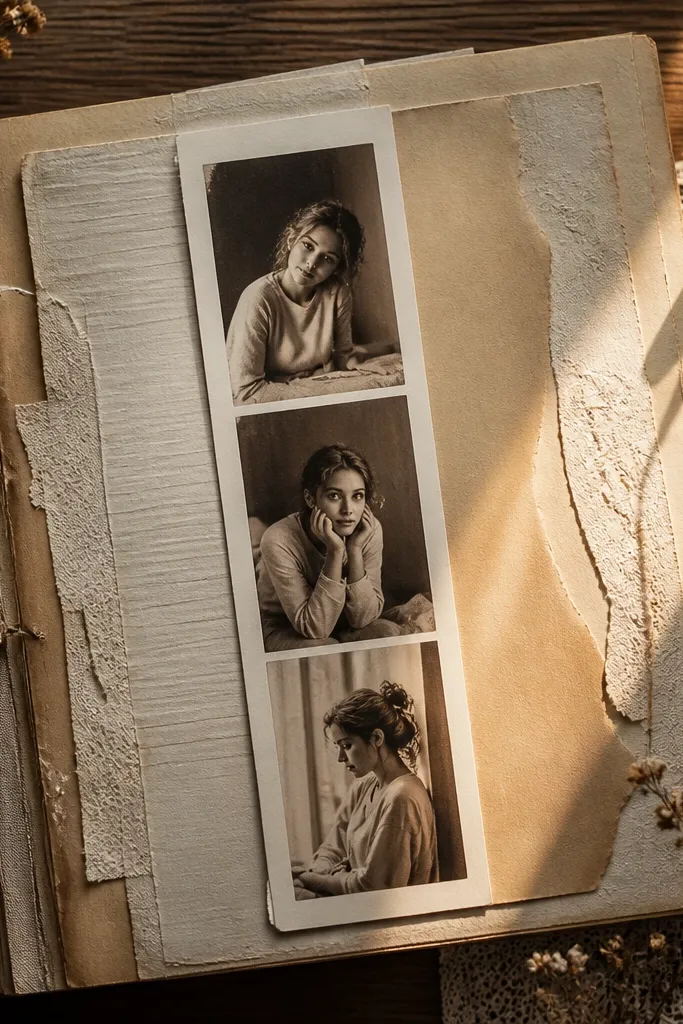 Sepia strip over torn book pages with a warm cream background