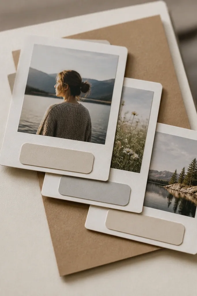 Stack of three mini polaroid-style photos with rounded labels on a warm neutral page