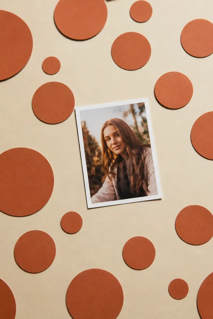 Cream page with terracotta circle cut-outs scattered around a centered