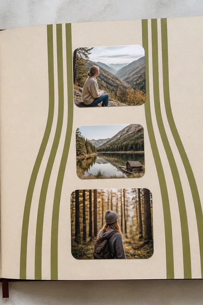 Oatmeal page with olive washi vertical strips and rounded corners