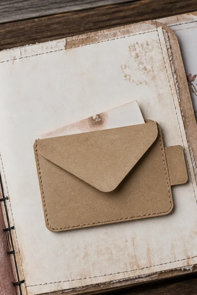 Small envelope pocket with a side tab on a warm neutral scrapbook page