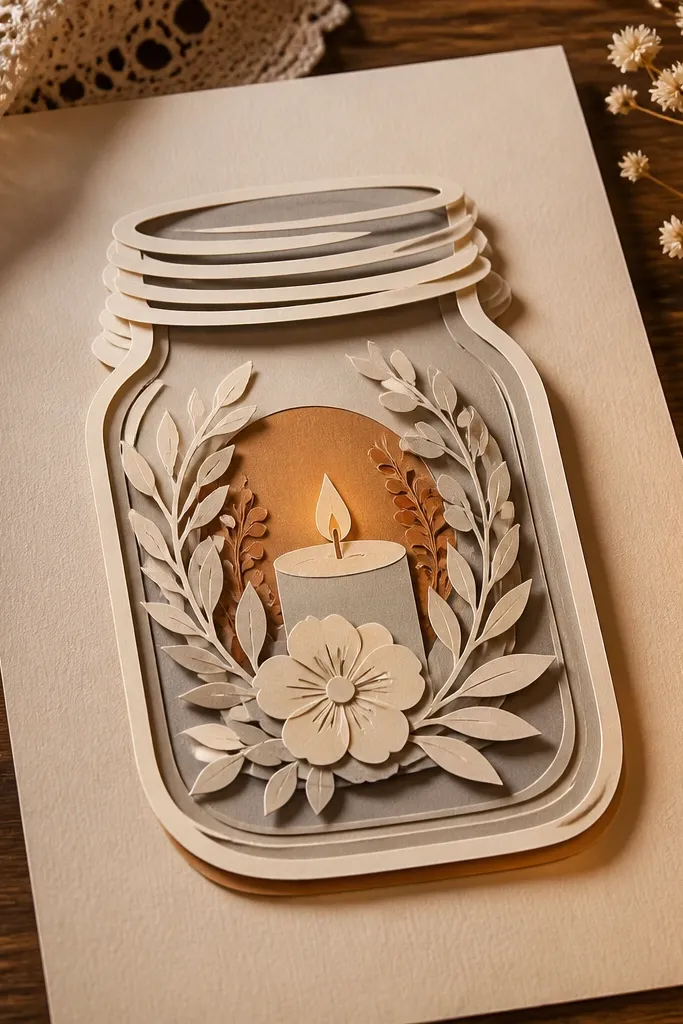 Warm white and soft gray page with a candle jar cutout and layered paper around it