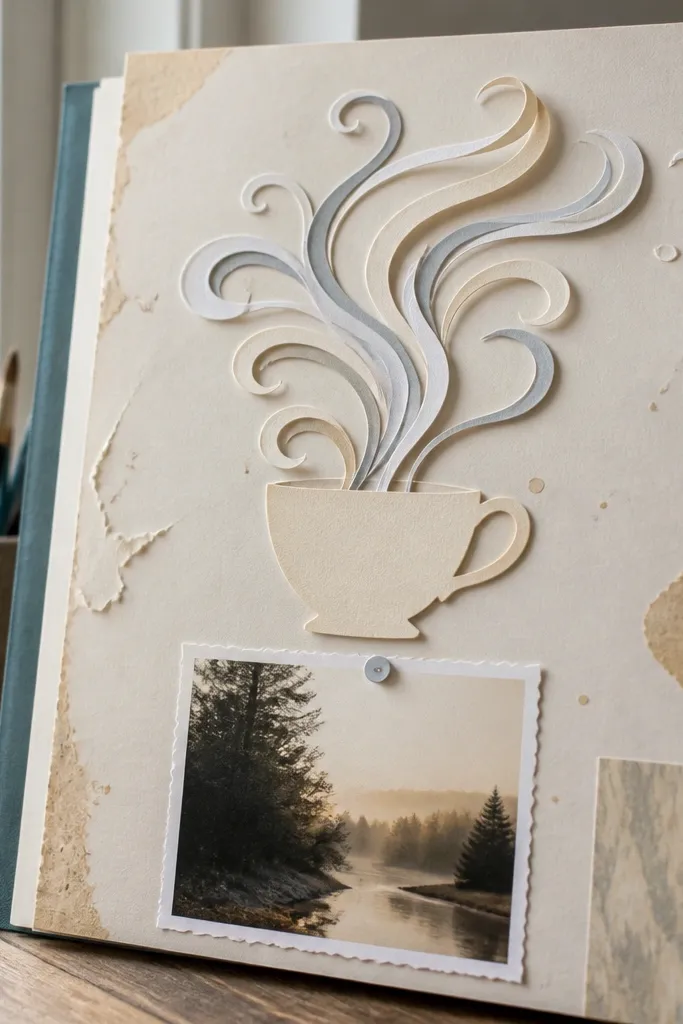 Cream page with a tea cup outline and layered paper steam lines above a