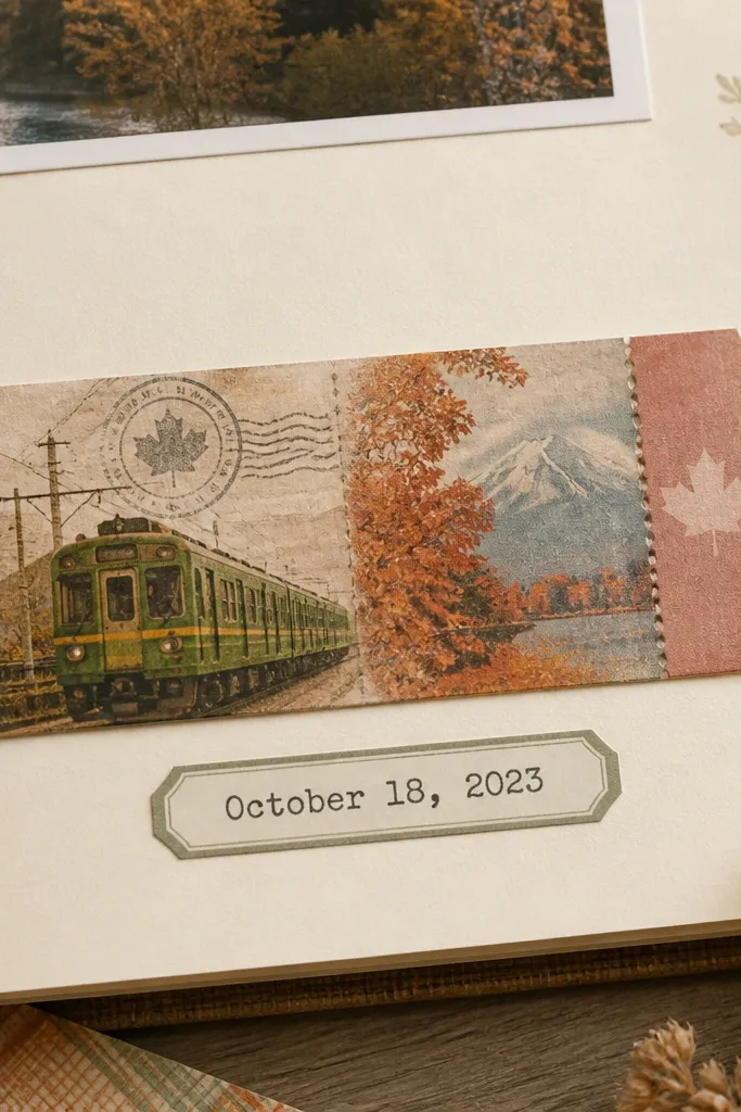 Page with a ticket stub pocket and a stacked date label strip in warm colors