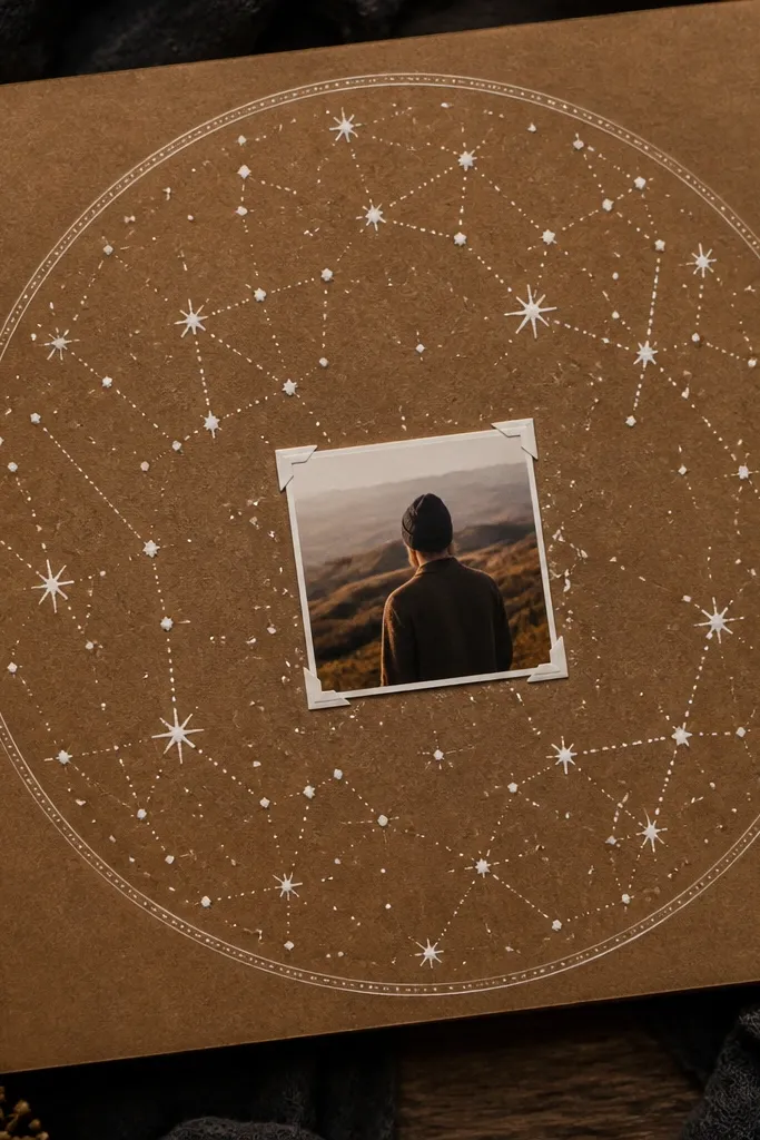Kraft paper page with a small star map circle and white gel pen dots