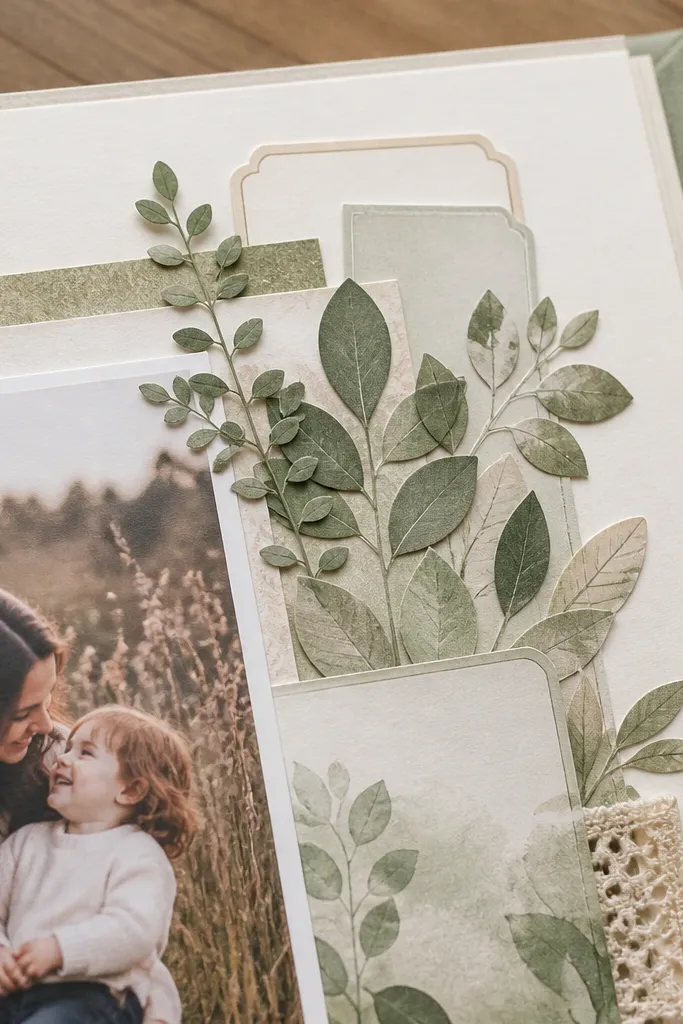 Soft green page corner with botanical paper cutouts and layered label strips