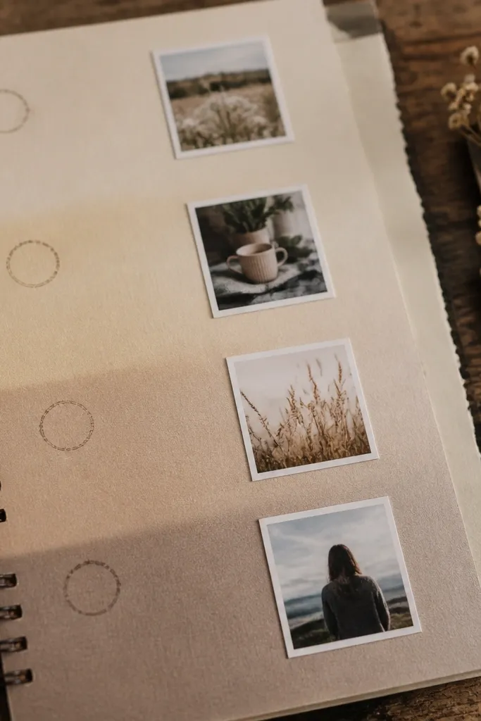Cream scrapbook page with warm neutral gradient spine and date stamps on the left