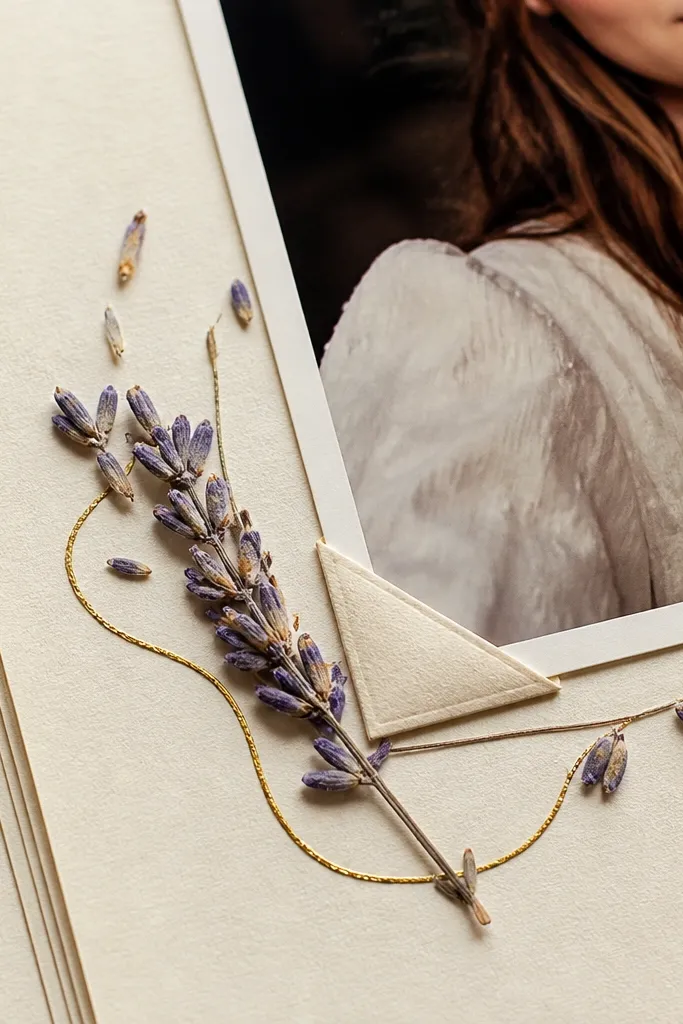 Cream page with dried lavender sprigs tucked into corners and gold thread stitches