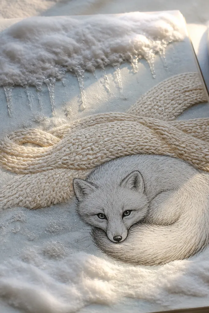 Arctic fox wearing a thick knitted scarf, sitting in a curved snow drift.