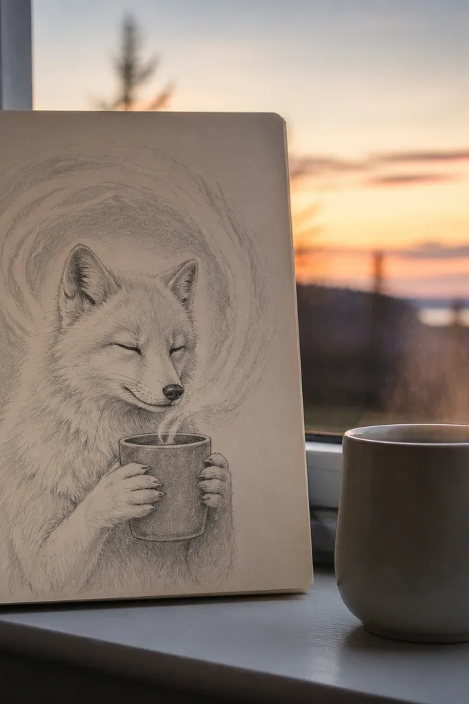 Arctic fox holding a mug with steam, under a warm sunset gradient sky.
